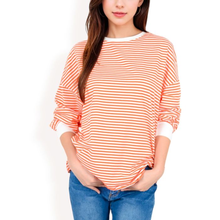 Women's Striped Long Sleeve Oversized Pullover Top with Ribbed Crew Neck