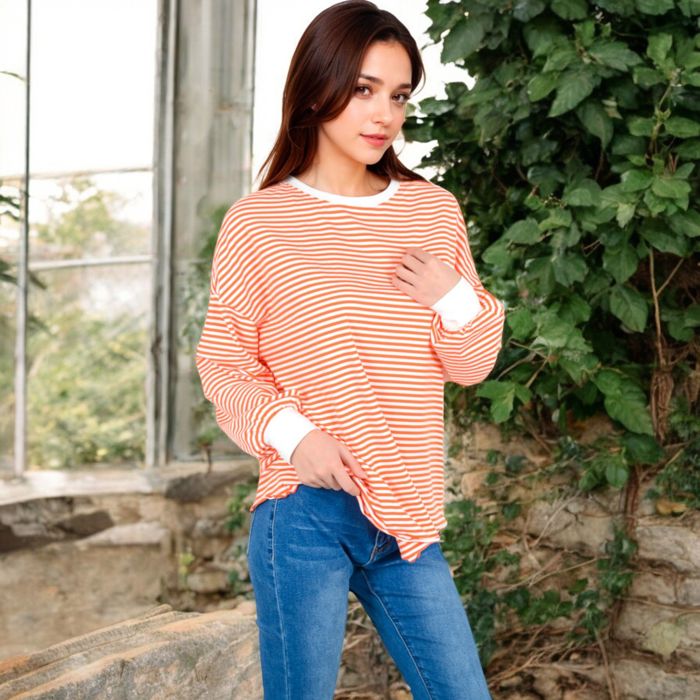 Women's Striped Long Sleeve Oversized Pullover Top with Ribbed Crew Neck