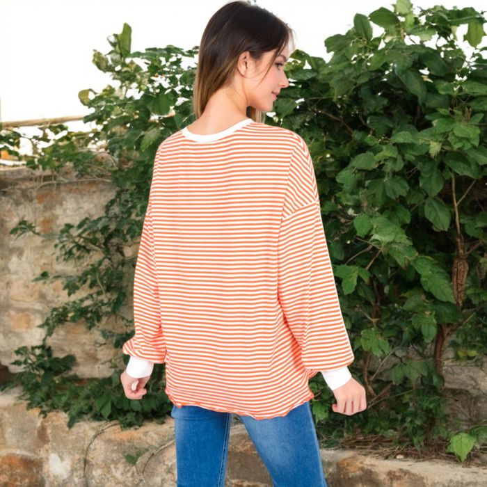 Women's Striped Long Sleeve Oversized Pullover Top with Ribbed Crew Neck