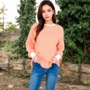 Yellow Small Women's Striped Long Sleeve Oversized Pullover Top with Ribbed Crew Neck