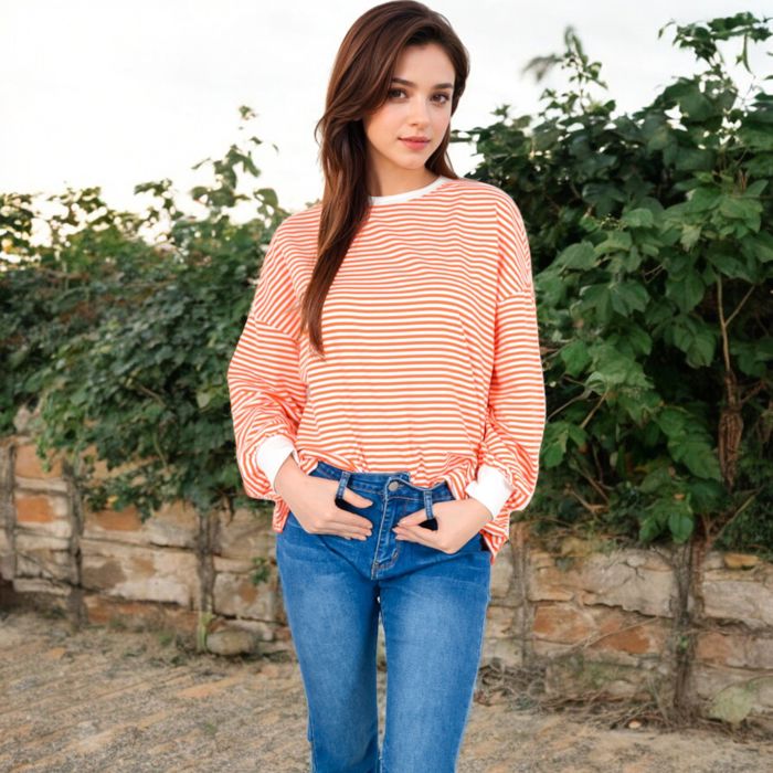 Women's Striped Long Sleeve Oversized Pullover Top with Ribbed Crew Neck