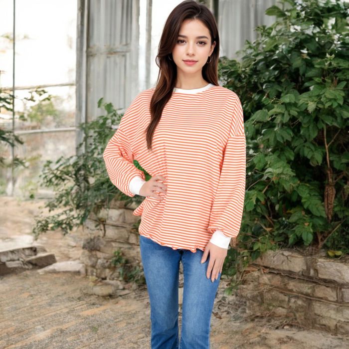 Women's Striped Long Sleeve Oversized Pullover Top with Ribbed Crew Neck