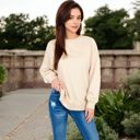 Beige Large Women's Long Sleeve Oversized Crewneck Sweatshirt with Drop Shoulders