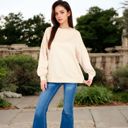 Beige Large Women's Long Sleeve Oversized Crewneck Sweatshirt with Drop Shoulders