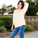 Beige Large Women's Long Sleeve Oversized Crewneck Sweatshirt with Drop Shoulders