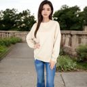 Beige Large Women's Long Sleeve Oversized Crewneck Sweatshirt with Drop Shoulders