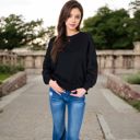 Black Large Women's Long Sleeve Oversized Crewneck Sweatshirt with Drop Shoulders