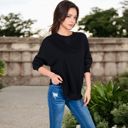 Black Large Women's Long Sleeve Oversized Crewneck Sweatshirt with Drop Shoulders