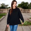 Black Large Women's Long Sleeve Oversized Crewneck Sweatshirt with Drop Shoulders