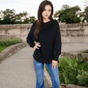 Black Large Women's Long Sleeve Oversized Crewneck Sweatshirt with Drop Shoulders