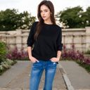 Black Large Women's Long Sleeve Oversized Crewneck Sweatshirt with Drop Shoulders