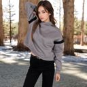 Gray Large Women's Oversized Hoodie with Contrast Shoulder Stripes