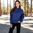 Blue Large Women's Oversized Hoodie with Contrast Shoulder Stripes