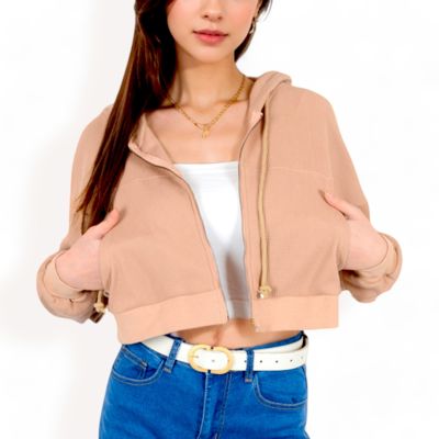 Women's Cropped Waffle Knit Zip-Up Hoodie with Drawstring