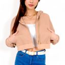 Beige Large Women's Cropped Waffle Knit Zip-Up Hoodie with Drawstring