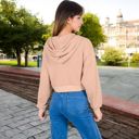 Beige Large Women's Cropped Waffle Knit Zip-Up Hoodie with Drawstring