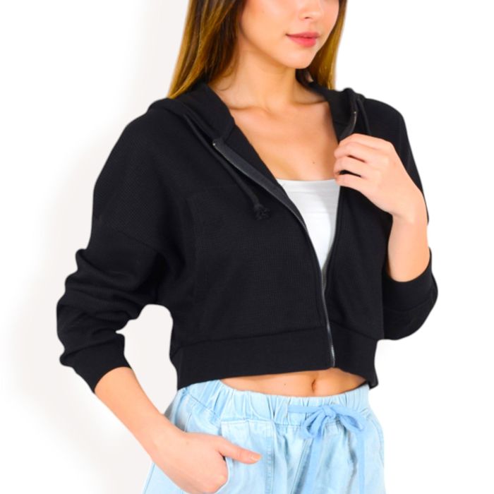 Women's Cropped Waffle Knit Zip-Up Hoodie with Drawstring