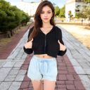 Black Large Women's Cropped Waffle Knit Zip-Up Hoodie with Drawstring