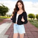 Black Large Women's Cropped Waffle Knit Zip-Up Hoodie with Drawstring