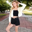 White Large Women's Cropped Waffle Knit Zip-Up Hoodie with Drawstring