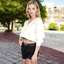 White Large Women's Cropped Waffle Knit Zip-Up Hoodie with Drawstring