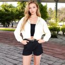 White Large Women's Cropped Waffle Knit Zip-Up Hoodie with Drawstring