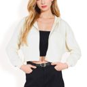 White Small Women's Cropped Waffle Knit Zip-Up Hoodie with Drawstring