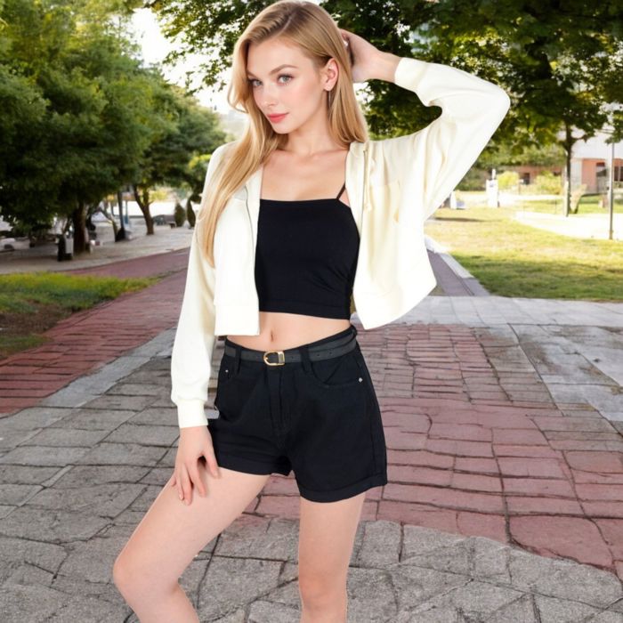 Women's Cropped Waffle Knit Zip-Up Hoodie with Drawstring