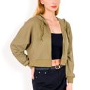 Green Large Women's Cropped Waffle Knit Zip-Up Hoodie with Drawstring