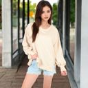 Beige Large Women's Oversized Long Sleeve Pullover Sweatshirt with Drop Shoulders and Side Slits