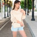 Beige Large Women's Oversized Long Sleeve Pullover Sweatshirt with Drop Shoulders and Side Slits