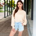 Beige Large Women's Oversized Long Sleeve Pullover Sweatshirt with Drop Shoulders and Side Slits