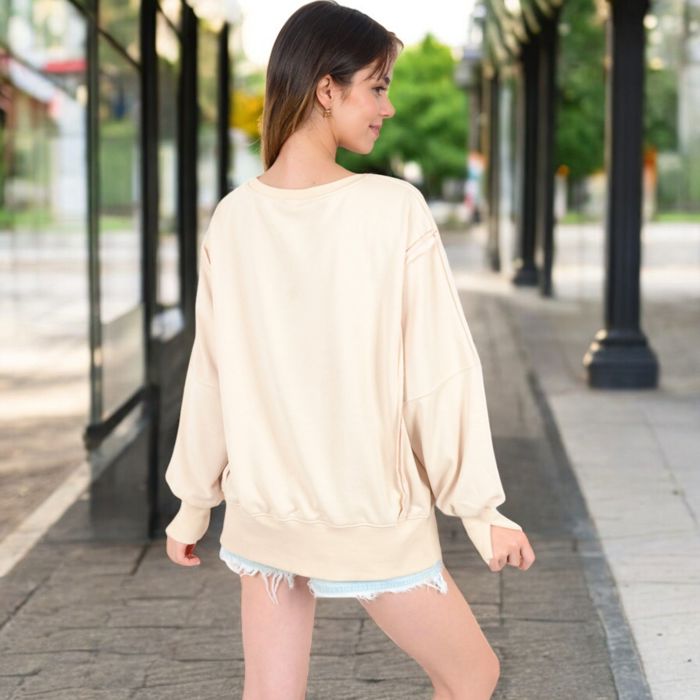 Women's Oversized Long Sleeve Pullover Sweatshirt with Drop Shoulders and Side Slits