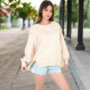 Beige Large Women's Oversized Long Sleeve Pullover Sweatshirt with Drop Shoulders and Side Slits