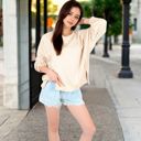 Beige Large Women's Oversized Long Sleeve Pullover Sweatshirt with Drop Shoulders and Side Slits