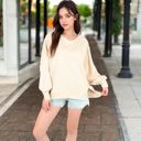 Beige Large Women's Oversized Long Sleeve Pullover Sweatshirt with Drop Shoulders and Side Slits