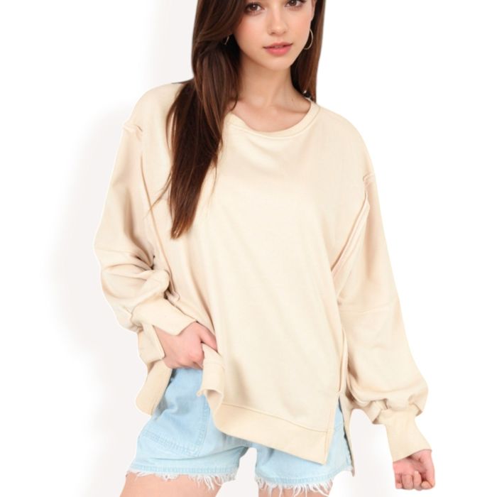 Women's Oversized Long Sleeve Pullover Sweatshirt with Drop Shoulders and Side Slits