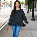 Black Large Women's Oversized Long Sleeve Pullover Sweatshirt with Drop Shoulders and Side Slits