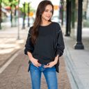 Black Large Women's Oversized Long Sleeve Pullover Sweatshirt with Drop Shoulders and Side Slits