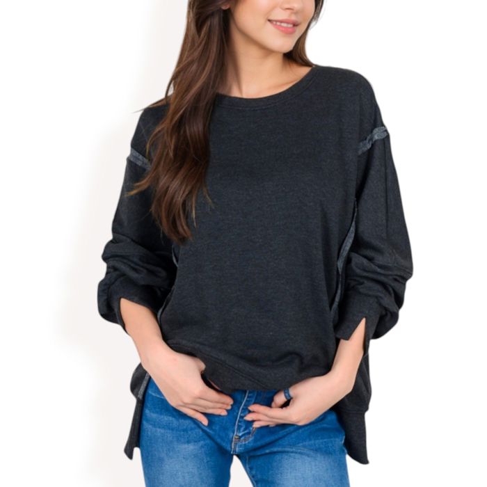 Women's Oversized Long Sleeve Pullover Sweatshirt with Drop Shoulders and Side Slits