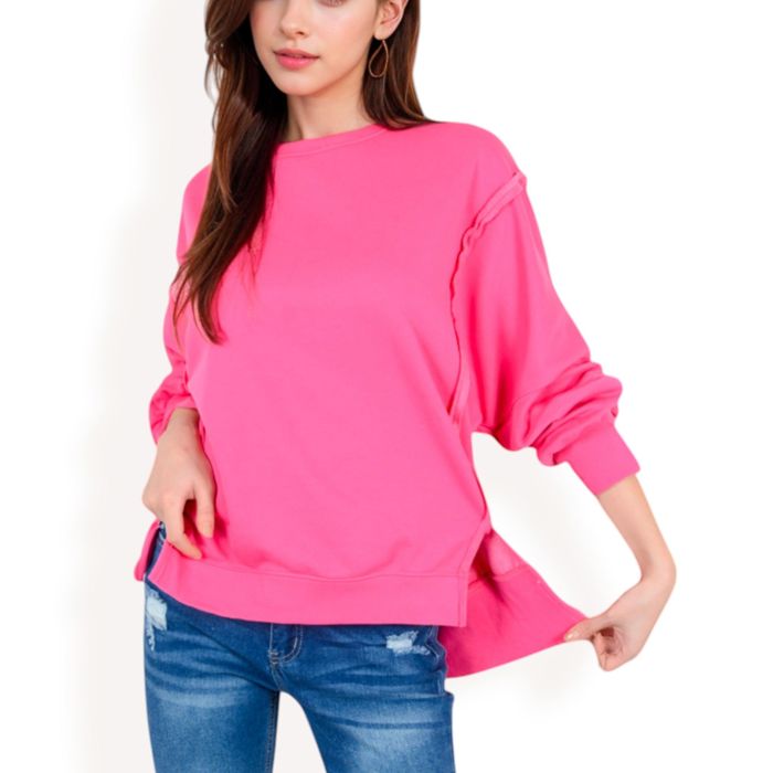 Women's Oversized Long Sleeve Pullover Sweatshirt with Drop Shoulders and Side Slits