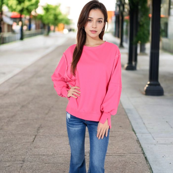 Women's Oversized Long Sleeve Pullover Sweatshirt with Drop Shoulders and Side Slits