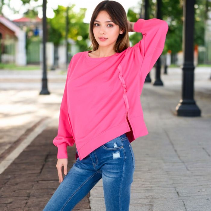 Women's Oversized Long Sleeve Pullover Sweatshirt with Drop Shoulders and Side Slits