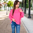 Red Large Women's Oversized Long Sleeve Pullover Sweatshirt with Drop Shoulders and Side Slits