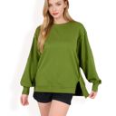 Green Large Women's Oversized Long Sleeve Pullover Sweatshirt with Drop Shoulders and Side Slits