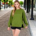 Green Large Women's Oversized Long Sleeve Pullover Sweatshirt with Drop Shoulders and Side Slits