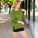 Green Large Women's Oversized Long Sleeve Pullover Sweatshirt with Drop Shoulders and Side Slits