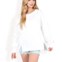 White Large Women's Oversized Long Sleeve Pullover Sweatshirt with Drop Shoulders and Side Slits