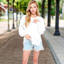 White Large Women's Oversized Long Sleeve Pullover Sweatshirt with Drop Shoulders and Side Slits