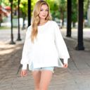 White Large Women's Oversized Long Sleeve Pullover Sweatshirt with Drop Shoulders and Side Slits